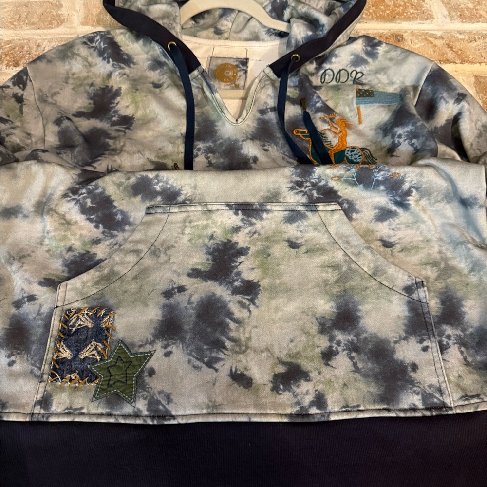 Double D Ranch Tie-Dye Hoodie with Embroidered Horse and Patches - Picture 11 of 11